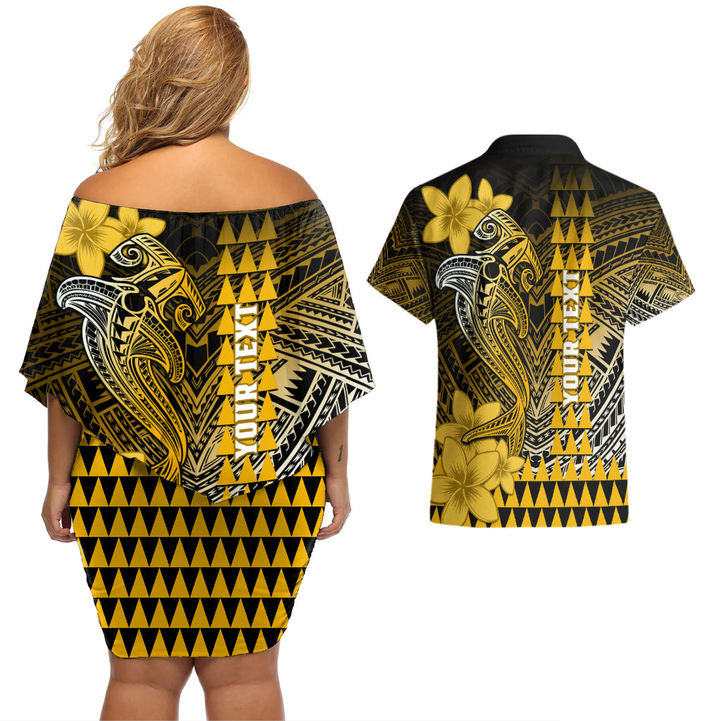 Personalized Hawaii Couples Matching Off Shoulder Short Dress and Hawaiian Shirt Hammerhead Shark Kakau Polynesian Tribal Gold LT05 - Polynesian Pride