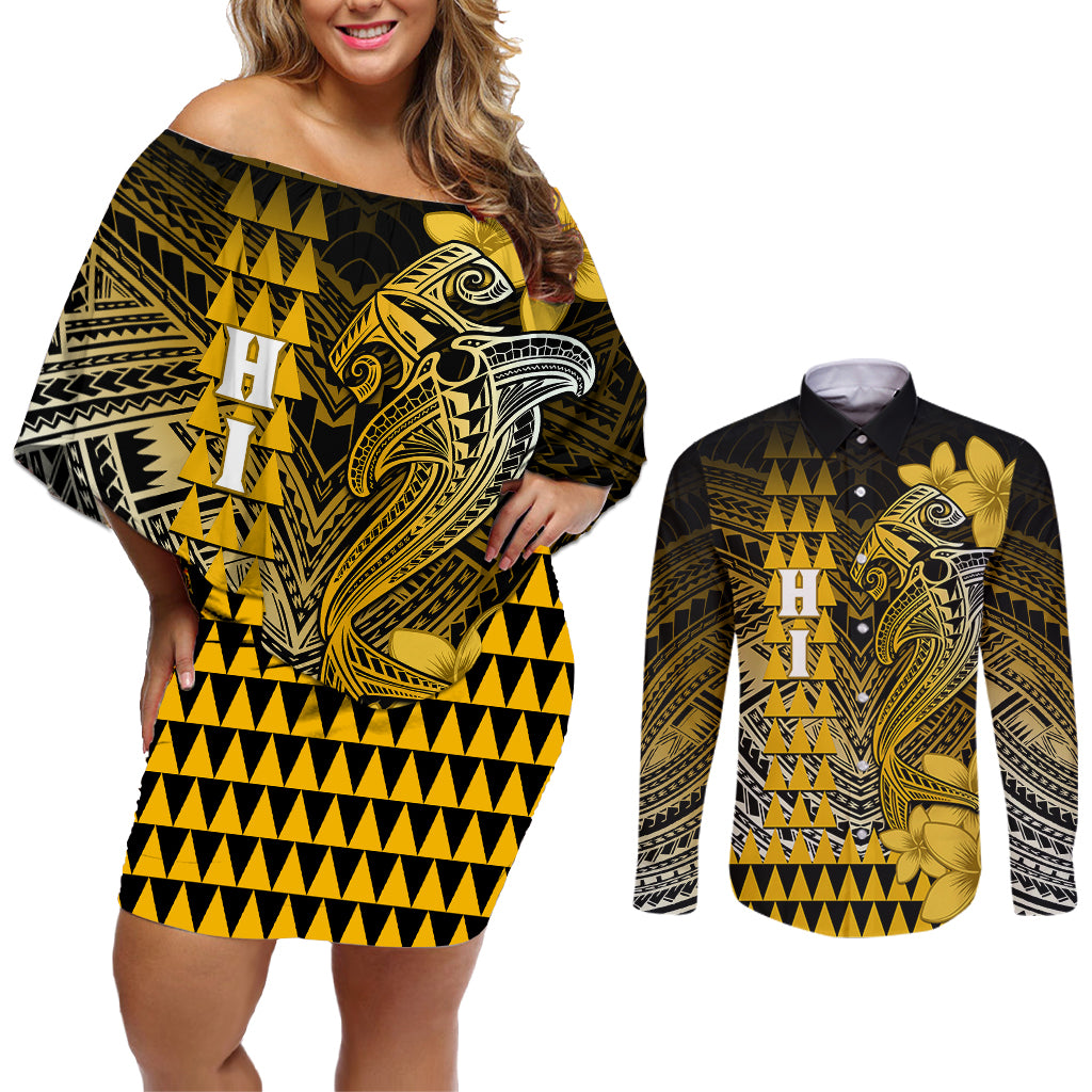 Personalized Hawaii Couples Matching Off Shoulder Short Dress and Long Sleeve Button Shirts Hammerhead Shark Kakau Polynesian Tribal Gold LT05 Gold - Polynesian Pride