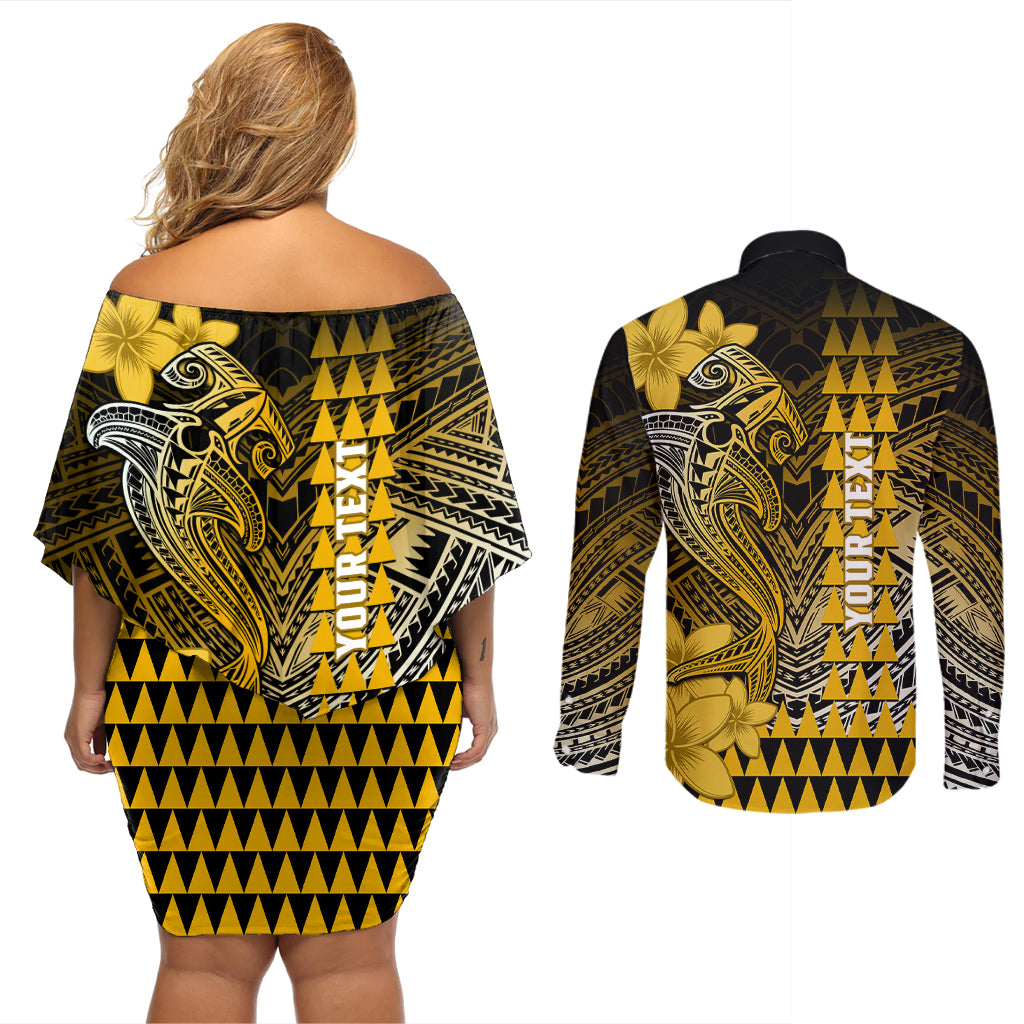 Personalized Hawaii Couples Matching Off Shoulder Short Dress and Long Sleeve Button Shirts Hammerhead Shark Kakau Polynesian Tribal Gold LT05 - Polynesian Pride