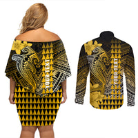 Personalized Hawaii Couples Matching Off Shoulder Short Dress and Long Sleeve Button Shirts Hammerhead Shark Kakau Polynesian Tribal Gold LT05 - Polynesian Pride