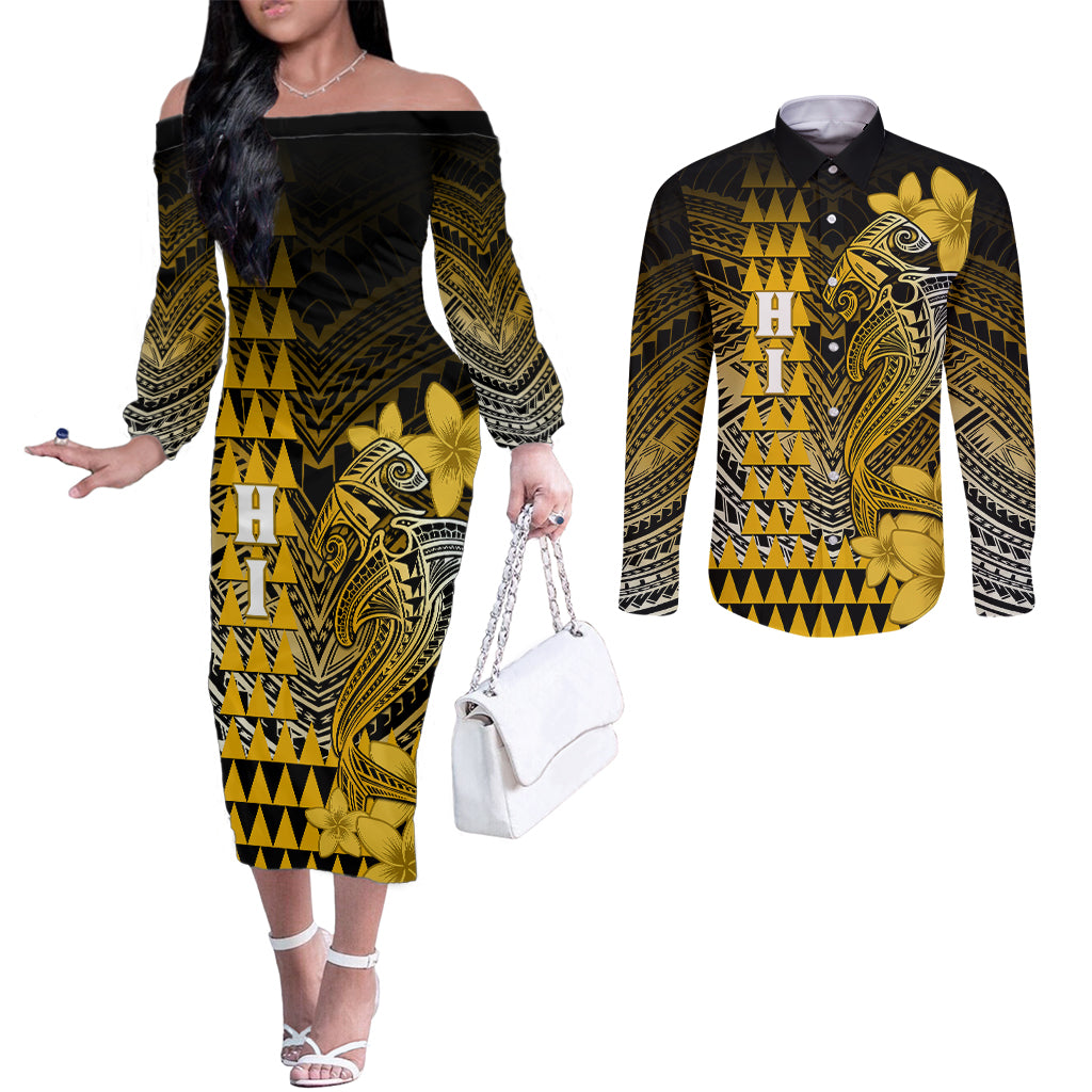 Personalized Hawaii Couples Matching Off The Shoulder Long Sleeve Dress and Long Sleeve Button Shirts Hammerhead Shark Kakau Polynesian Tribal Gold LT05 Gold - Polynesian Pride