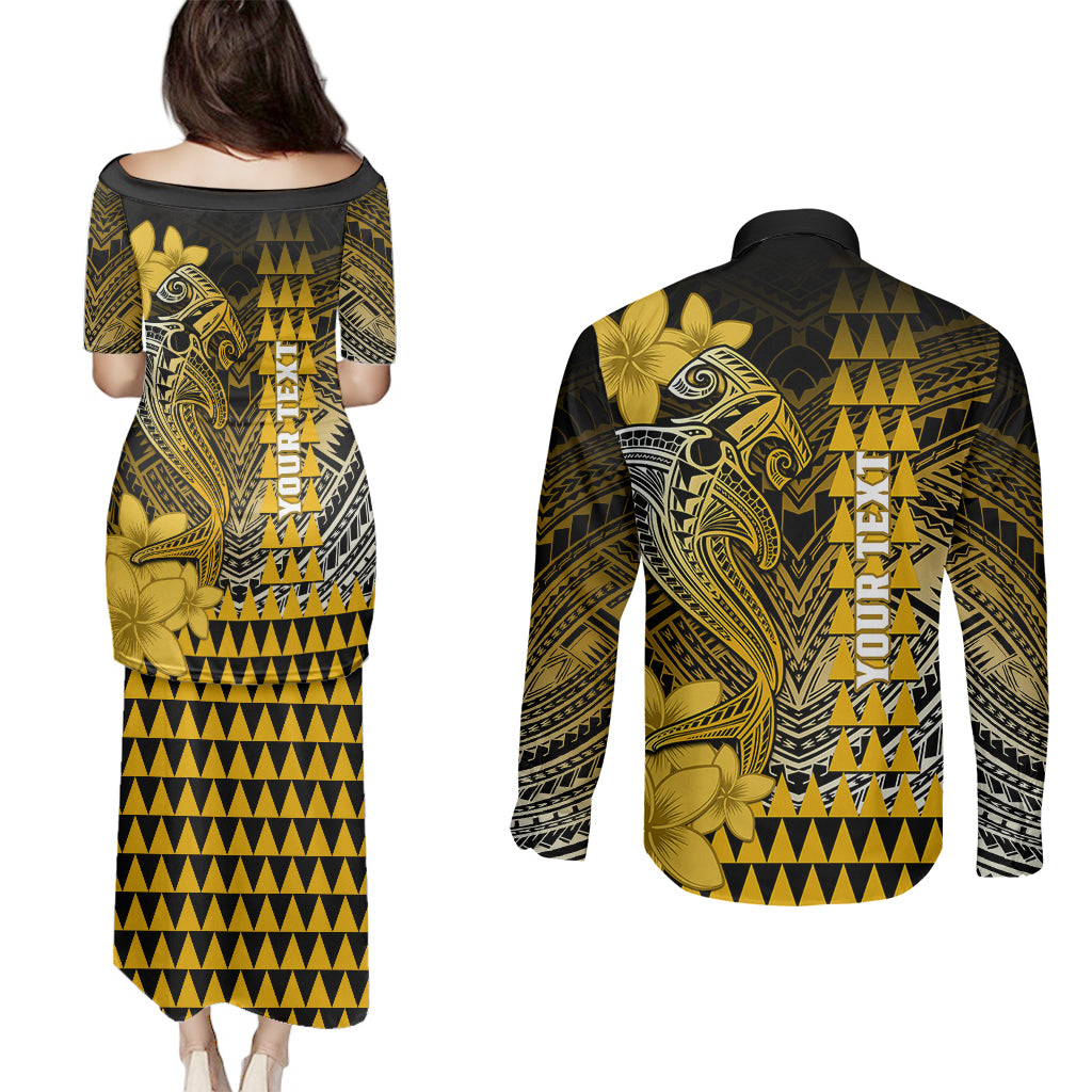 Personalized Hawaii Couples Matching Puletasi Dress and Long Sleeve Button Shirts Hammerhead Shark Kakau Polynesian Tribal Gold LT05 - Polynesian Pride