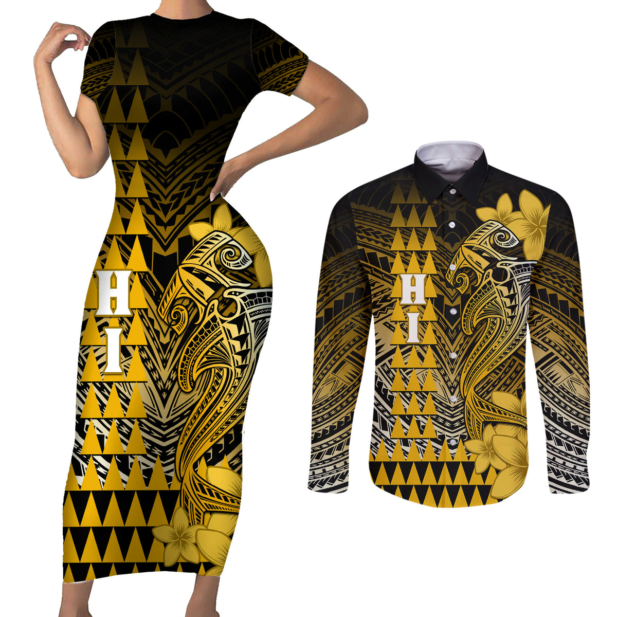 Personalized Hawaii Couples Matching Short Sleeve Bodycon Dress and Long Sleeve Button Shirts Hammerhead Shark Kakau Polynesian Tribal Gold LT05 Gold - Polynesian Pride