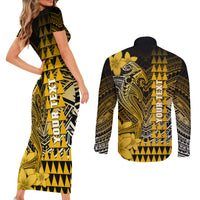 Personalized Hawaii Couples Matching Short Sleeve Bodycon Dress and Long Sleeve Button Shirts Hammerhead Shark Kakau Polynesian Tribal Gold LT05 - Polynesian Pride