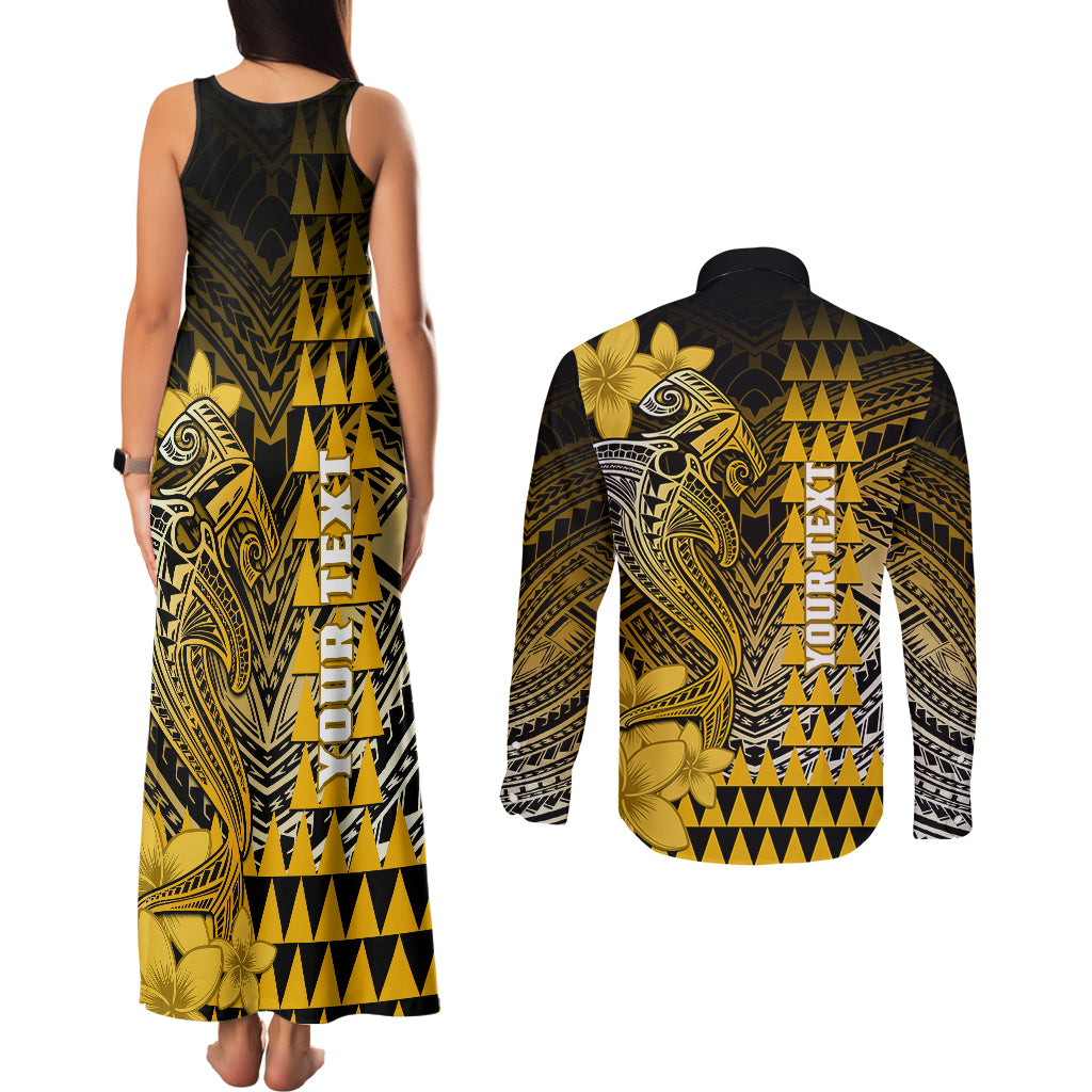 Personalized Hawaii Couples Matching Tank Maxi Dress and Long Sleeve Button Shirts Hammerhead Shark Kakau Polynesian Tribal Gold LT05 - Polynesian Pride