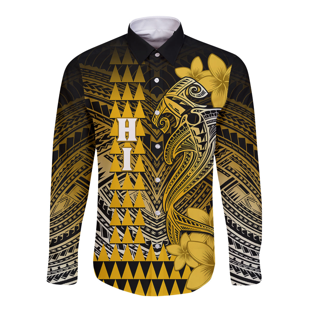Personalized Hawaii Long Sleeve Button Shirt Hammerhead Shark Kakau Polynesian Tribal Gold LT05 Unisex Gold - Polynesian Pride