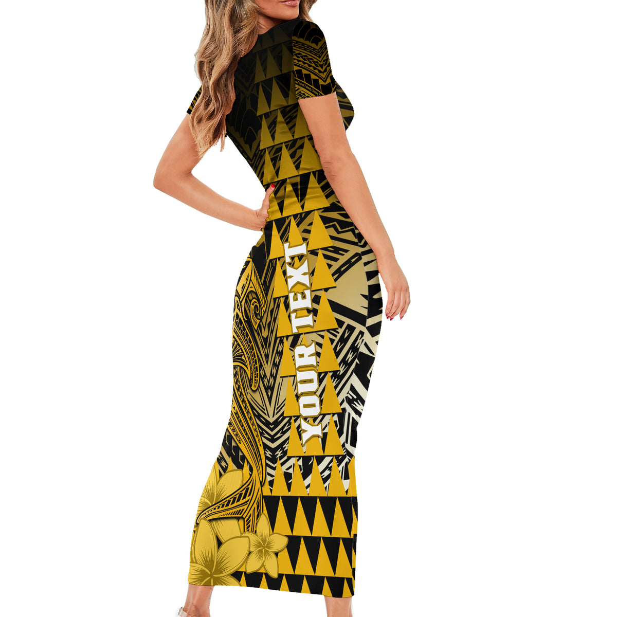 Personalized Hawaii Short Sleeve Bodycon Dress Hammerhead Shark Kakau Polynesian Tribal Gold LT05 - Polynesian Pride