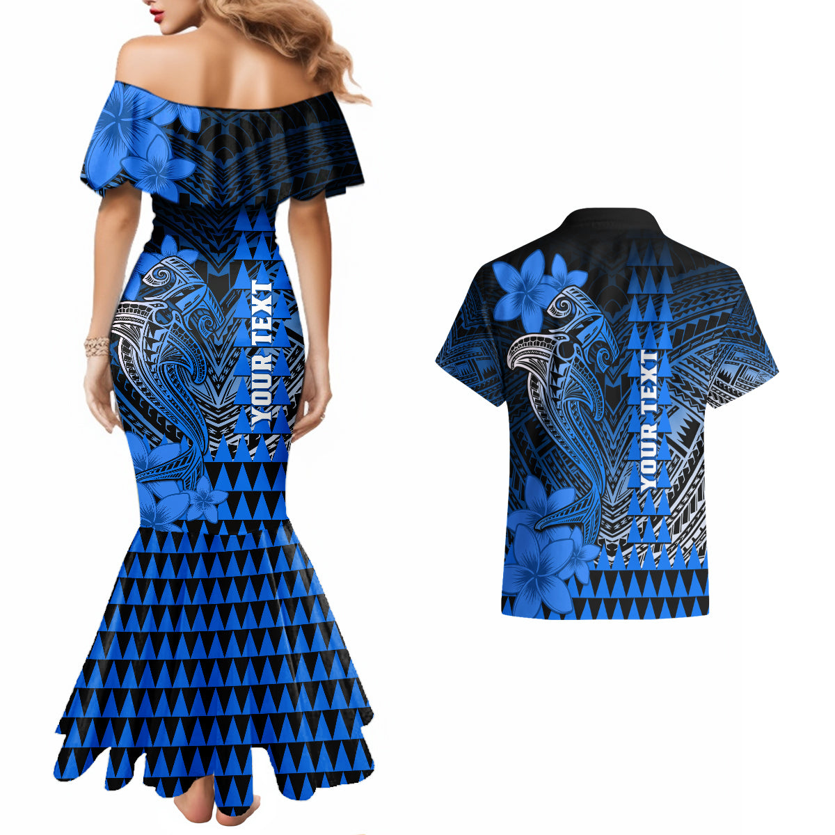 Personalized Hawaii Couples Matching Mermaid Dress and Hawaiian Shirt Hammerhead Shark Kakau Polynesian Tribal Blue LT05 - Polynesian Pride
