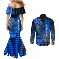 Personalized Hawaii Couples Matching Mermaid Dress and Long Sleeve Button Shirts Hammerhead Shark Kakau Polynesian Tribal Blue LT05 - Polynesian Pride