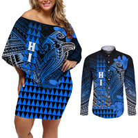 Personalized Hawaii Couples Matching Off Shoulder Short Dress and Long Sleeve Button Shirts Hammerhead Shark Kakau Polynesian Tribal Blue LT05 Blue - Polynesian Pride