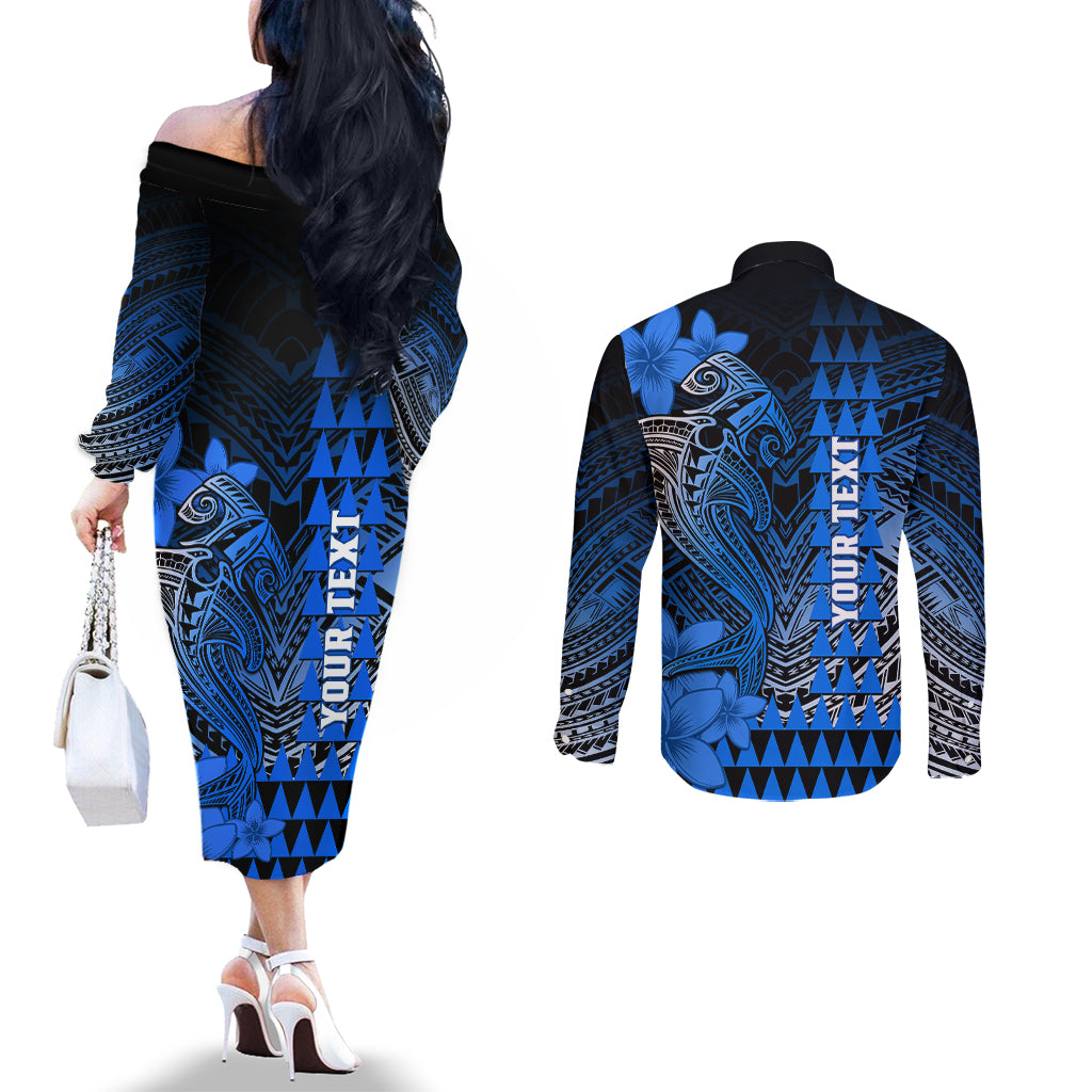 Personalized Hawaii Couples Matching Off The Shoulder Long Sleeve Dress and Long Sleeve Button Shirts Hammerhead Shark Kakau Polynesian Tribal Blue LT05 - Polynesian Pride