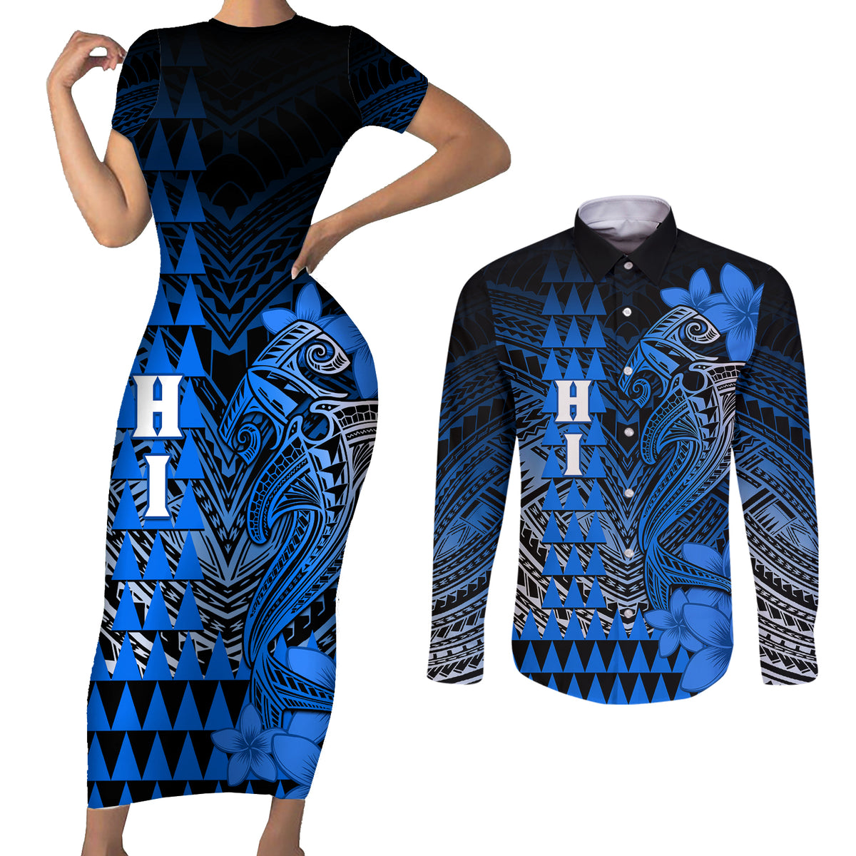 Personalized Hawaii Couples Matching Short Sleeve Bodycon Dress and Long Sleeve Button Shirts Hammerhead Shark Kakau Polynesian Tribal Blue LT05 Blue - Polynesian Pride