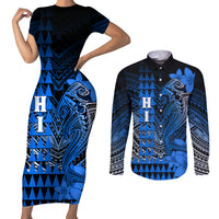 Personalized Hawaii Couples Matching Short Sleeve Bodycon Dress and Long Sleeve Button Shirts Hammerhead Shark Kakau Polynesian Tribal Blue LT05 Blue - Polynesian Pride