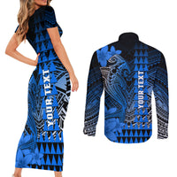 Personalized Hawaii Couples Matching Short Sleeve Bodycon Dress and Long Sleeve Button Shirts Hammerhead Shark Kakau Polynesian Tribal Blue LT05 - Polynesian Pride