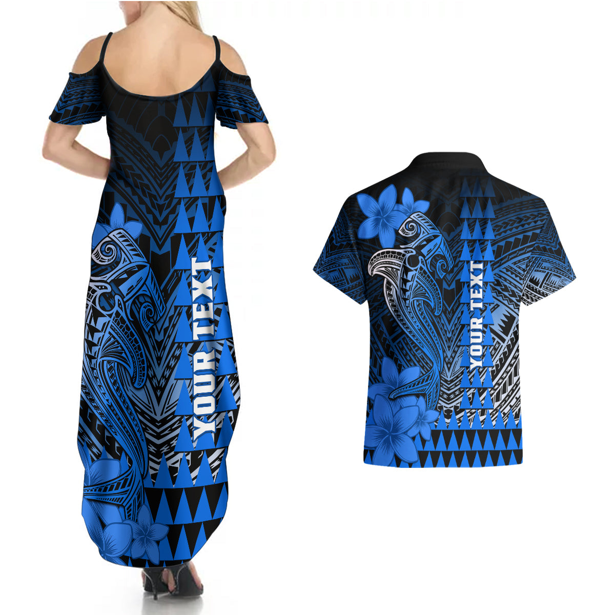 Personalized Hawaii Couples Matching Summer Maxi Dress and Hawaiian Shirt Hammerhead Shark Kakau Polynesian Tribal Blue LT05 - Polynesian Pride