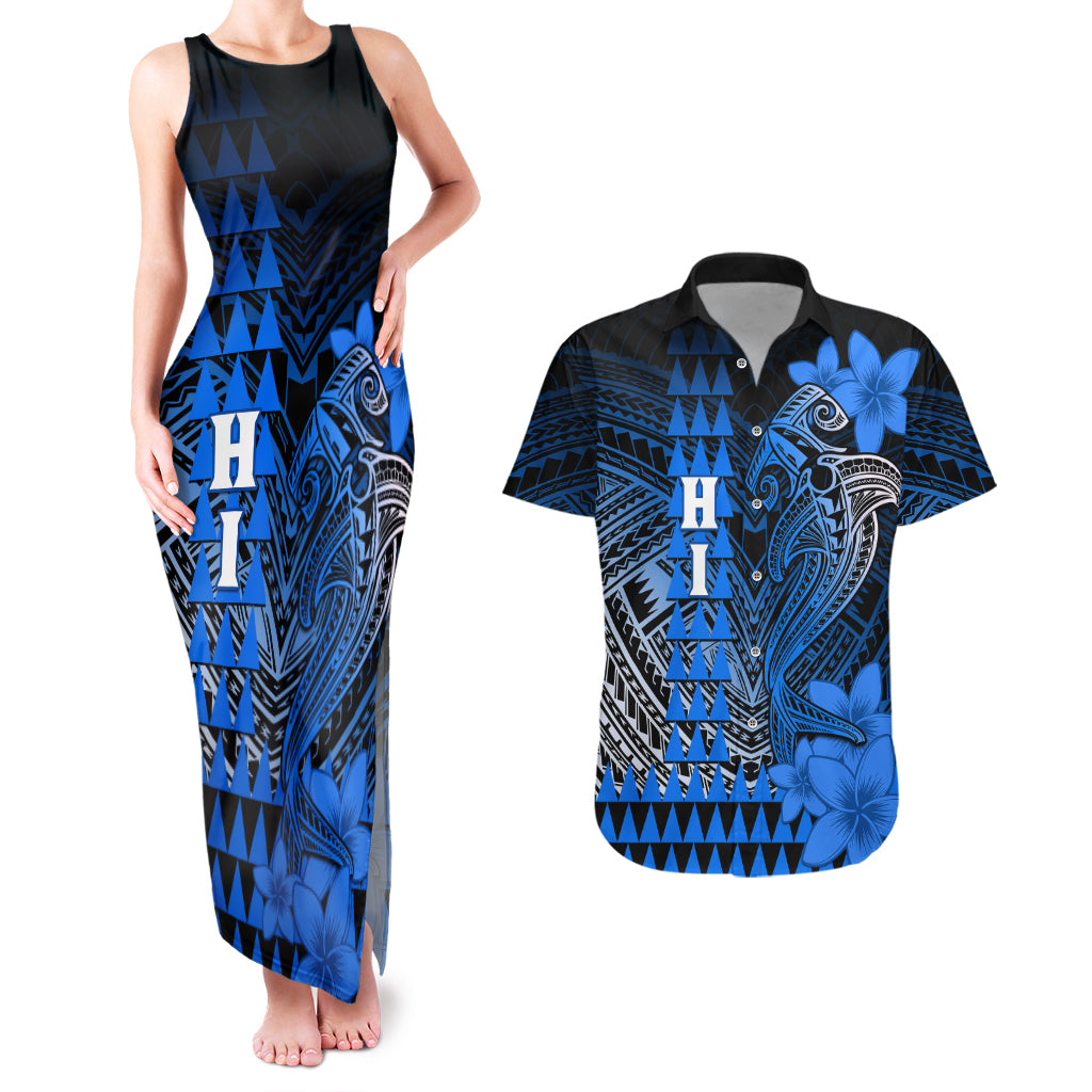 Personalized Hawaii Couples Matching Tank Maxi Dress and Hawaiian Shirt Hammerhead Shark Kakau Polynesian Tribal Blue LT05 Blue - Polynesian Pride