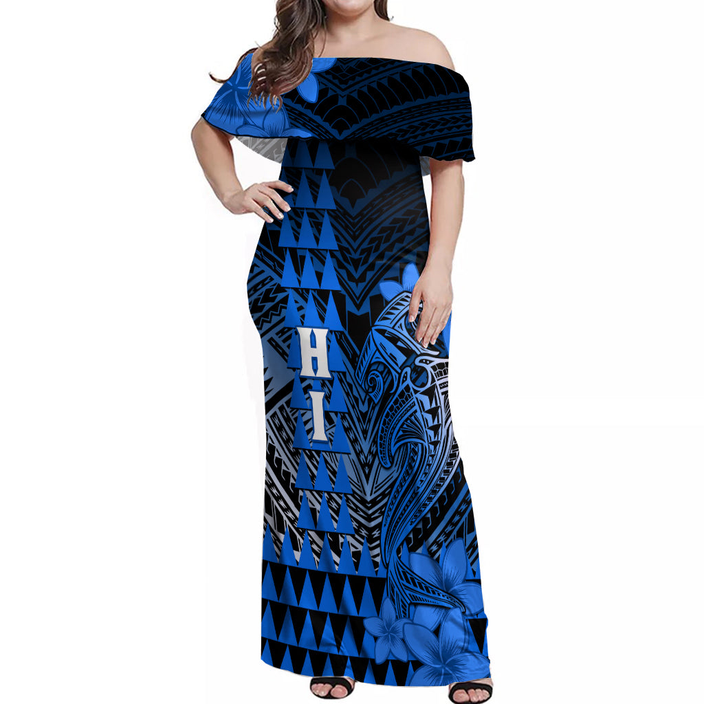 Personalized Hawaii Off Shoulder Maxi Dress Hammerhead Shark Kakau Polynesian Tribal Blue LT05 Women Blue - Polynesian Pride