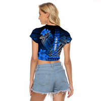 Personalized Hawaii Raglan Cropped T Shirt Hammerhead Shark Kakau Polynesian Tribal Blue LT05 - Polynesian Pride