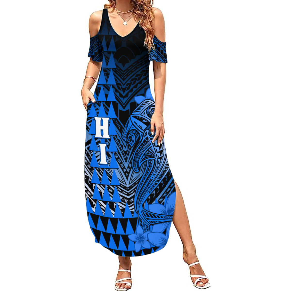 Personalized Hawaii Summer Maxi Dress Hammerhead Shark Kakau Polynesian Tribal Blue LT05 Women Blue - Polynesian Pride