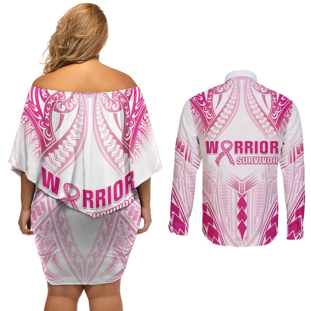 Breast Cancer Pink Out Couples Matching Off Shoulder Short Dress and Long Sleeve Button Shirt Polynesian Art Tattoo White Version LT05 - Polynesian Pride