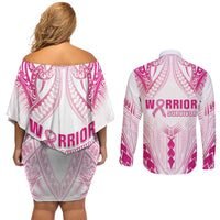 Breast Cancer Pink Out Couples Matching Off Shoulder Short Dress and Long Sleeve Button Shirt Polynesian Art Tattoo White Version LT05 - Polynesian Pride