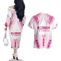Breast Cancer Pink Out Couples Matching Off The Shoulder Long Sleeve Dress and Hawaiian Shirt Polynesian Art Tattoo White Version
