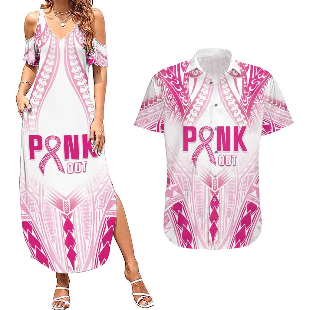 Breast Cancer Pink Out Couples Matching Summer Maxi Dress and Hawaiian Shirt Polynesian Art Tattoo White Version LT05 White - Polynesian Pride