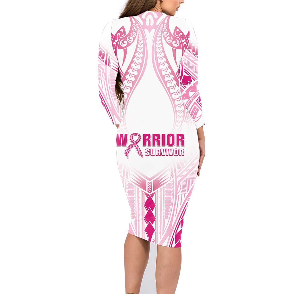 Breast Cancer Pink Out Family Matching Long Sleeve Bodycon Dress and Hawaiian Shirt Polynesian Art Tattoo White Version