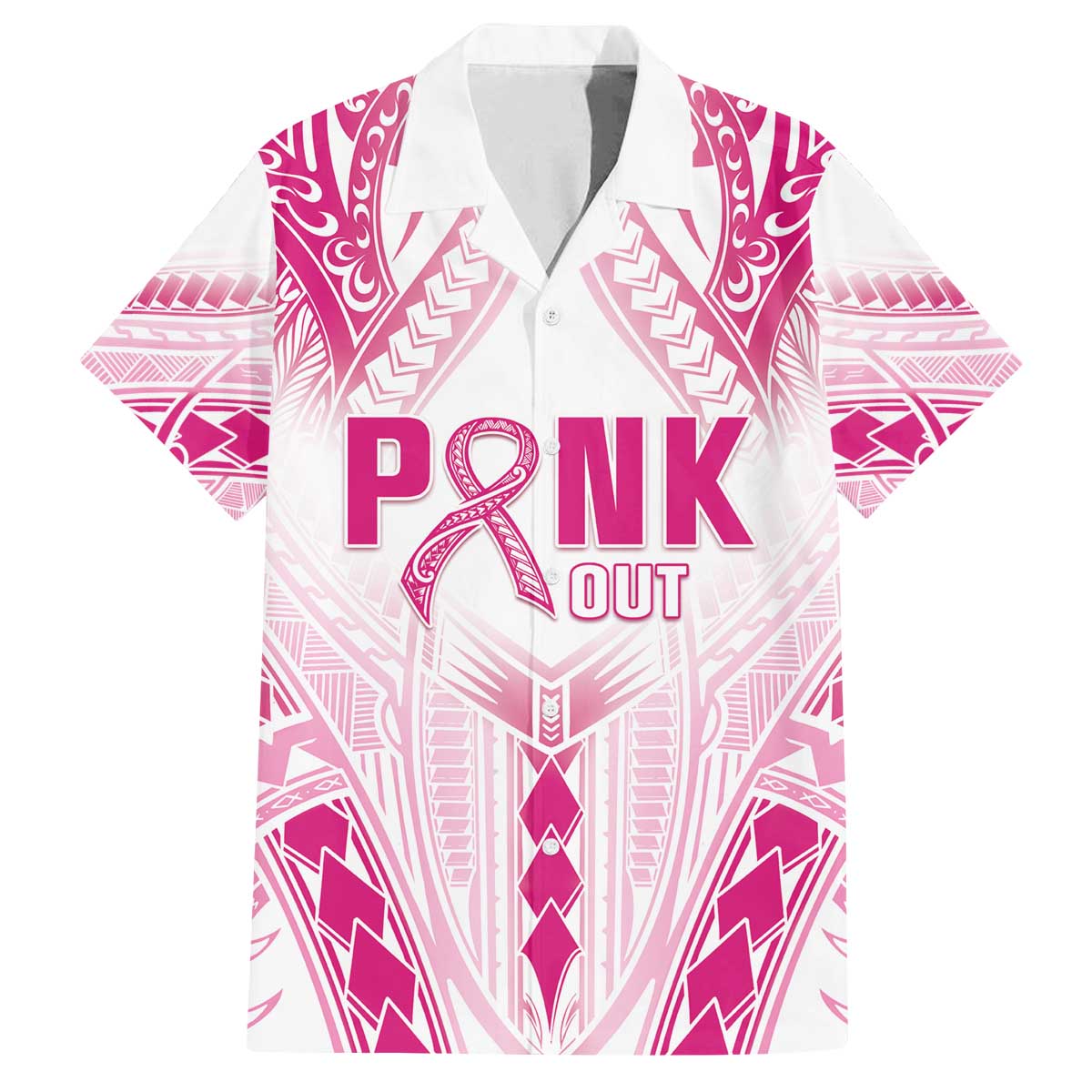 Breast Cancer Pink Out Family Matching Off The Shoulder Long Sleeve Dress and Hawaiian Shirt Polynesian Art Tattoo White Version