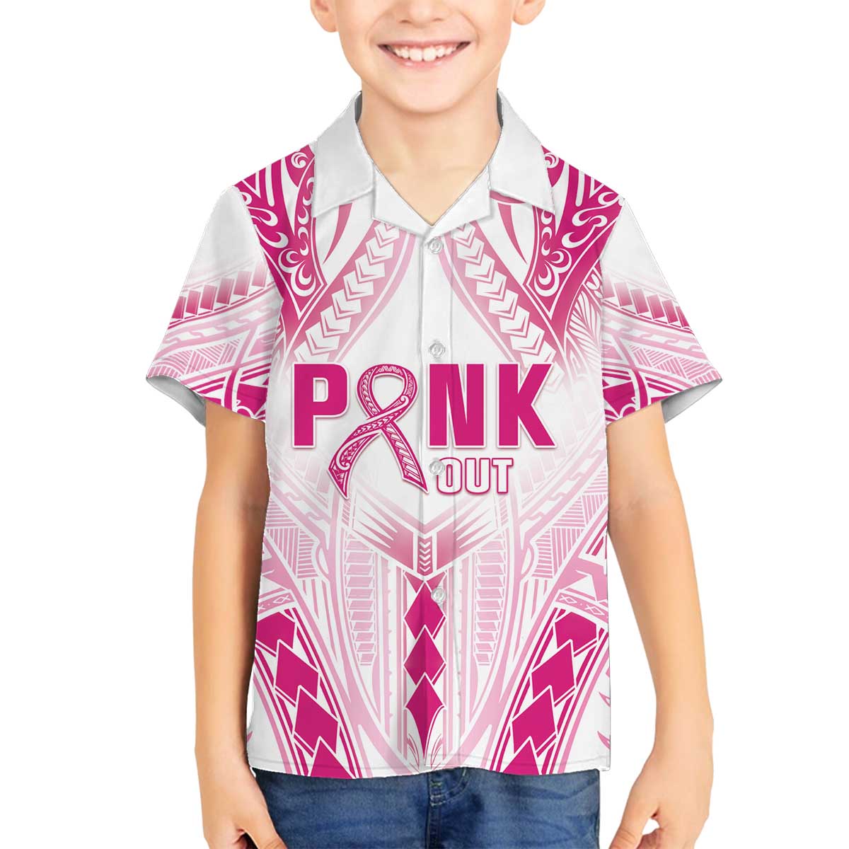 Breast Cancer Pink Out Family Matching Off The Shoulder Long Sleeve Dress and Hawaiian Shirt Polynesian Art Tattoo White Version