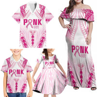 Breast Cancer Pink Out Family Matching Off Shoulder Maxi Dress and Hawaiian Shirt Polynesian Art Tattoo White Version