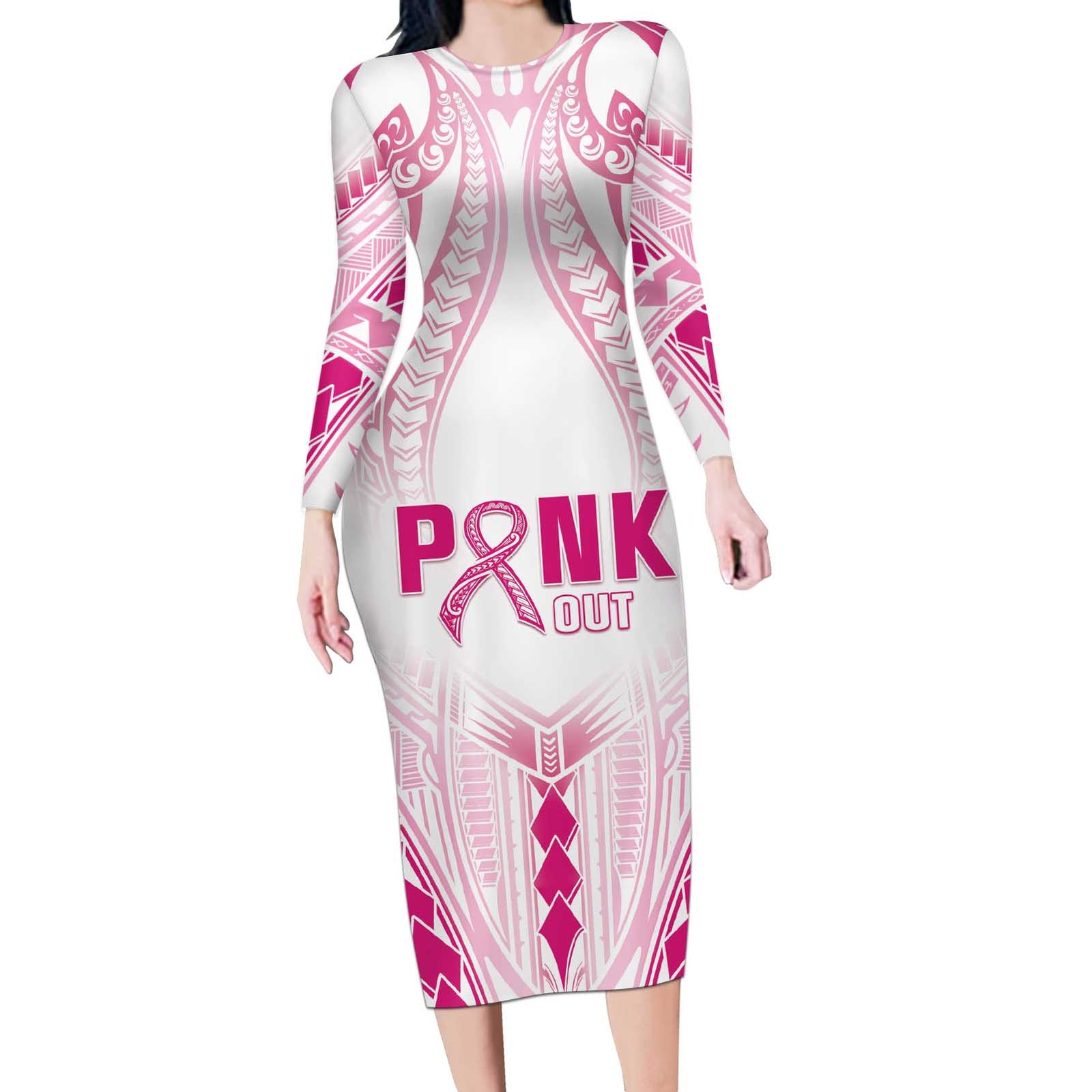 Breast Cancer Pink Out Long Sleeve Bodycon Dress Polynesian Art Tattoo White Version LT05 Long Dress White - Polynesian Pride