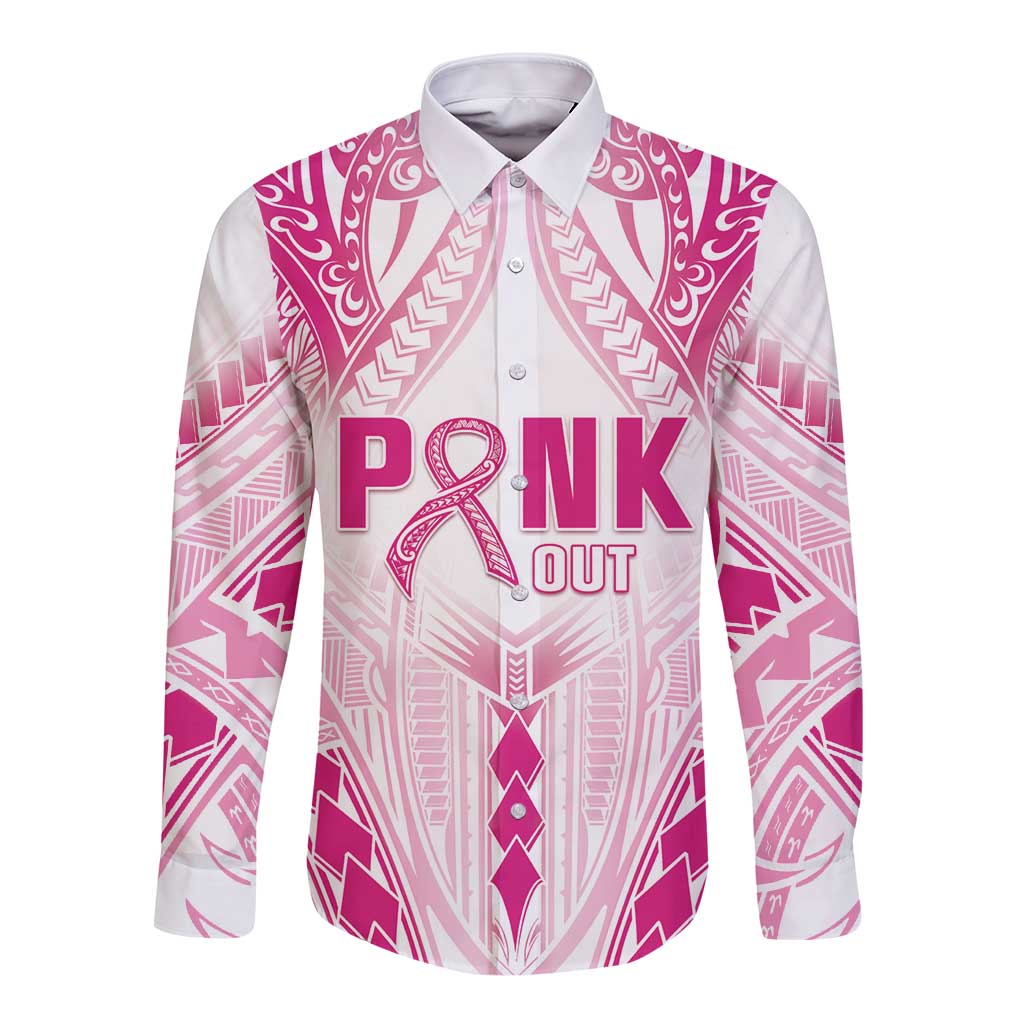 Breast Cancer Pink Out Long Sleeve Button Shirt Polynesian Art Tattoo White Version LT05 Unisex White - Polynesian Pride