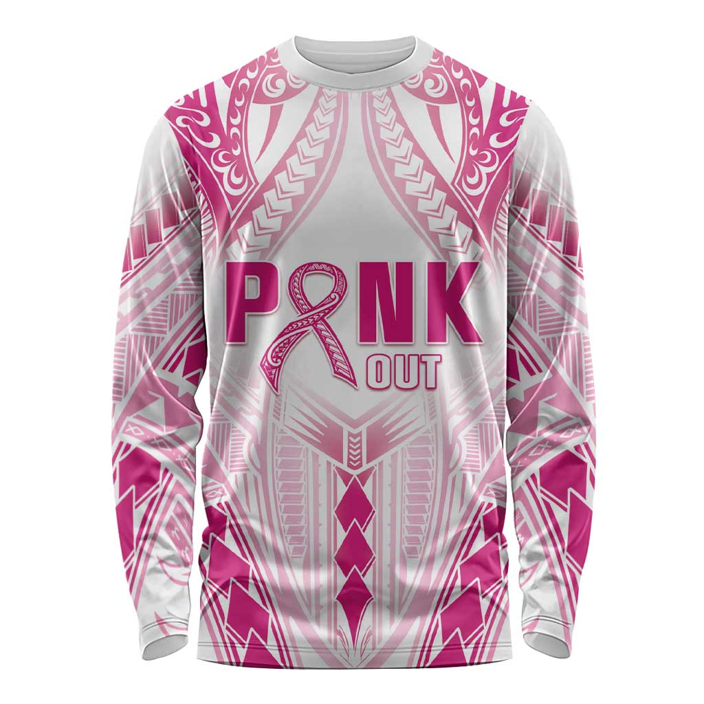 Breast Cancer Pink Out Long Sleeve Shirt Polynesian Art Tattoo White Version LT05 Unisex White - Polynesian Pride