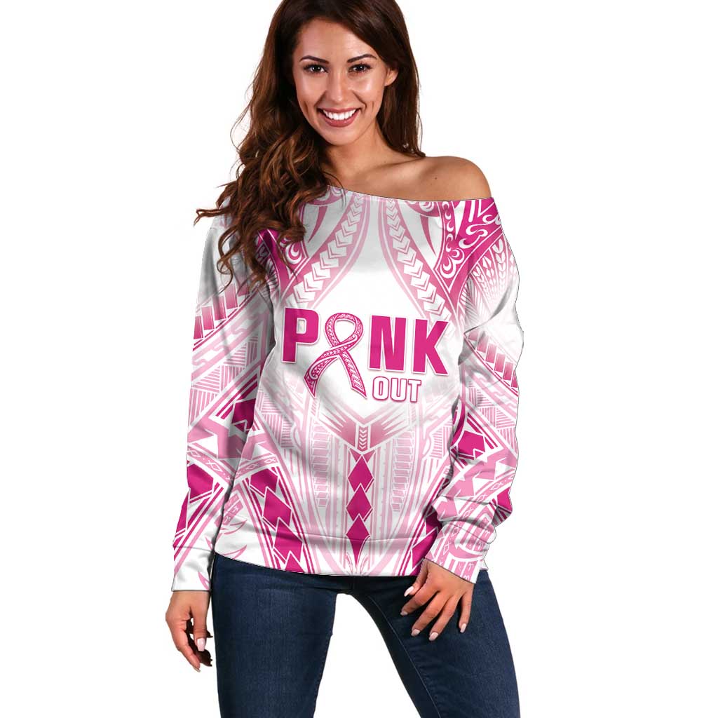 Breast Cancer Pink Out Off Shoulder Sweater Polynesian Art Tattoo White Version LT05 Women White - Polynesian Pride