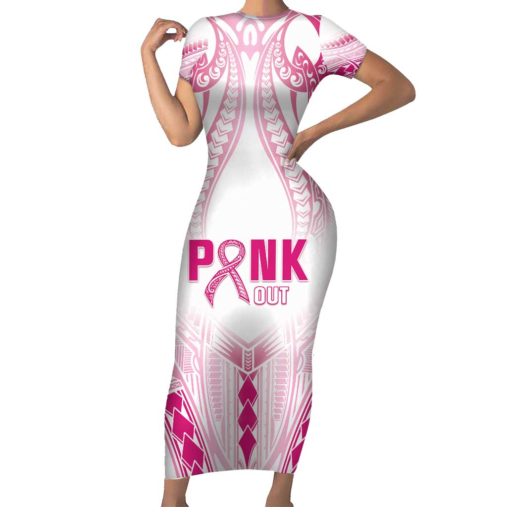 Breast Cancer Pink Out Short Sleeve Bodycon Dress Polynesian Art Tattoo White Version LT05 Long Dress White - Polynesian Pride