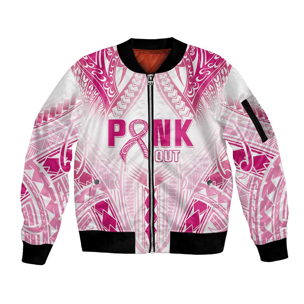 Breast Cancer Pink Out Sleeve Zip Bomber Jacket Polynesian Art Tattoo White Version LT05 Unisex White - Polynesian Pride