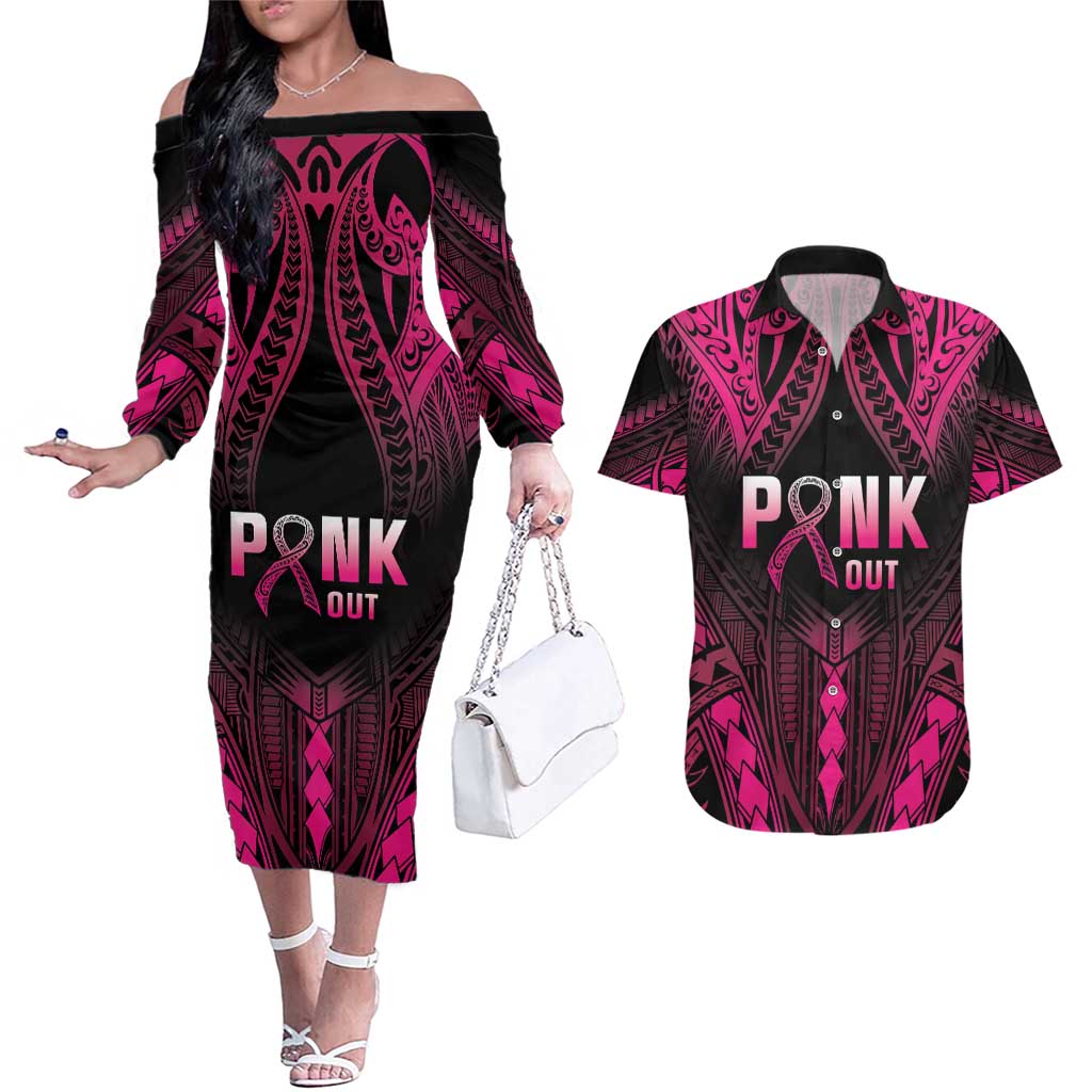 Breast Cancer Pink Out Couples Matching Off The Shoulder Long Sleeve Dress and Hawaiian Shirt Polynesian Art Tattoo Black Version LT05 Black - Polynesian Pride