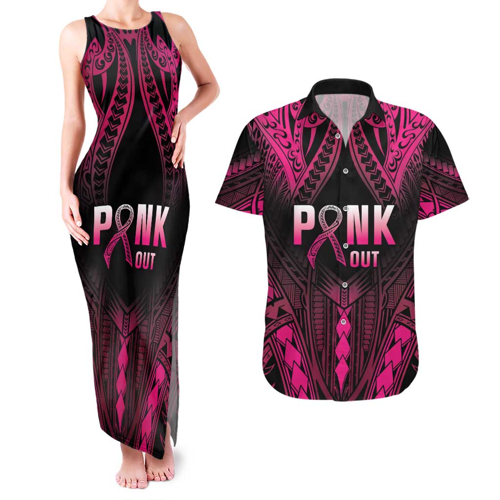 Breast Cancer Pink Out Couples Matching Tank Maxi Dress and Hawaiian Shirt Polynesian Art Tattoo Black Version LT05 Black - Polynesian Pride