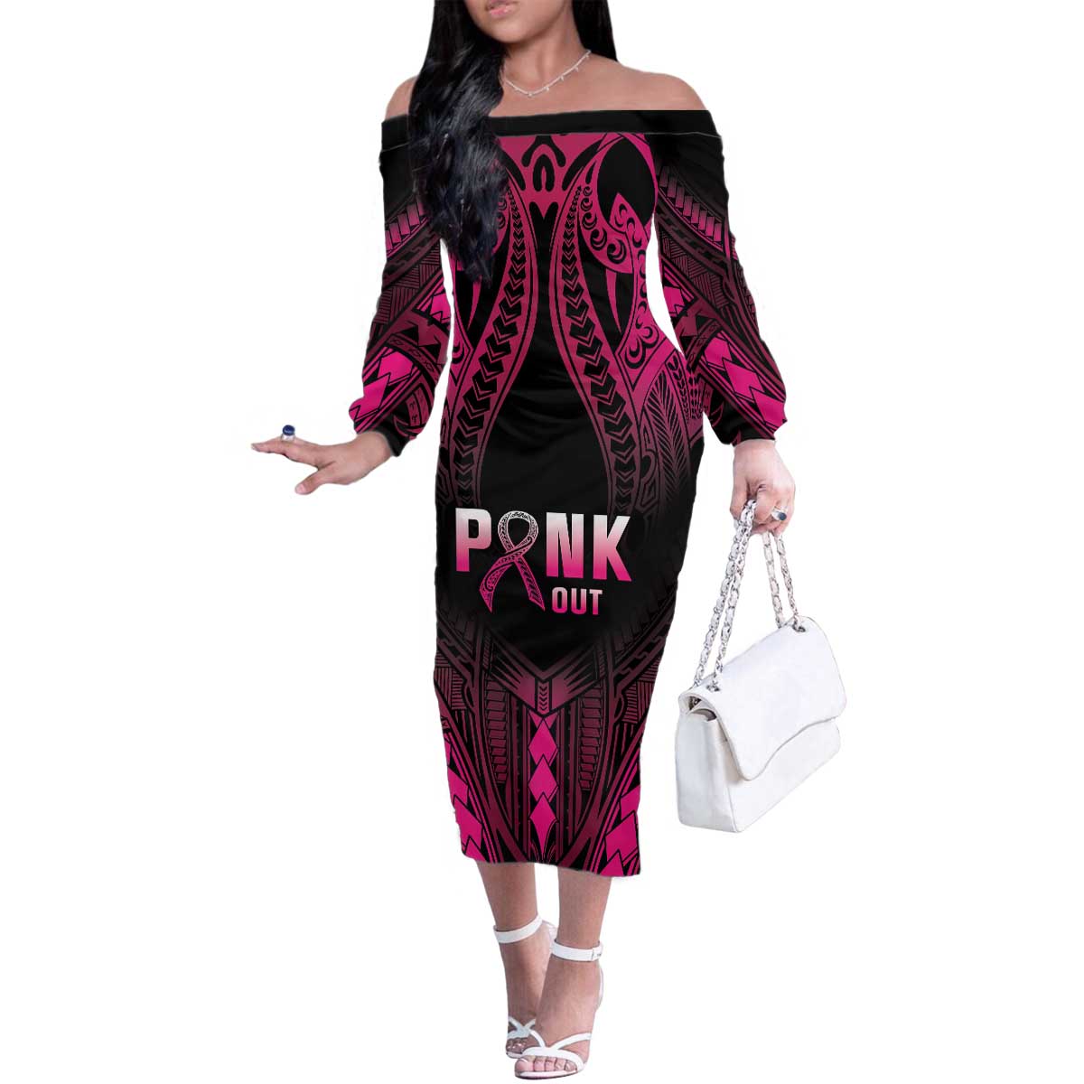 Breast Cancer Pink Out Family Matching Off The Shoulder Long Sleeve Dress and Hawaiian Shirt Polynesian Art Tattoo Black Version