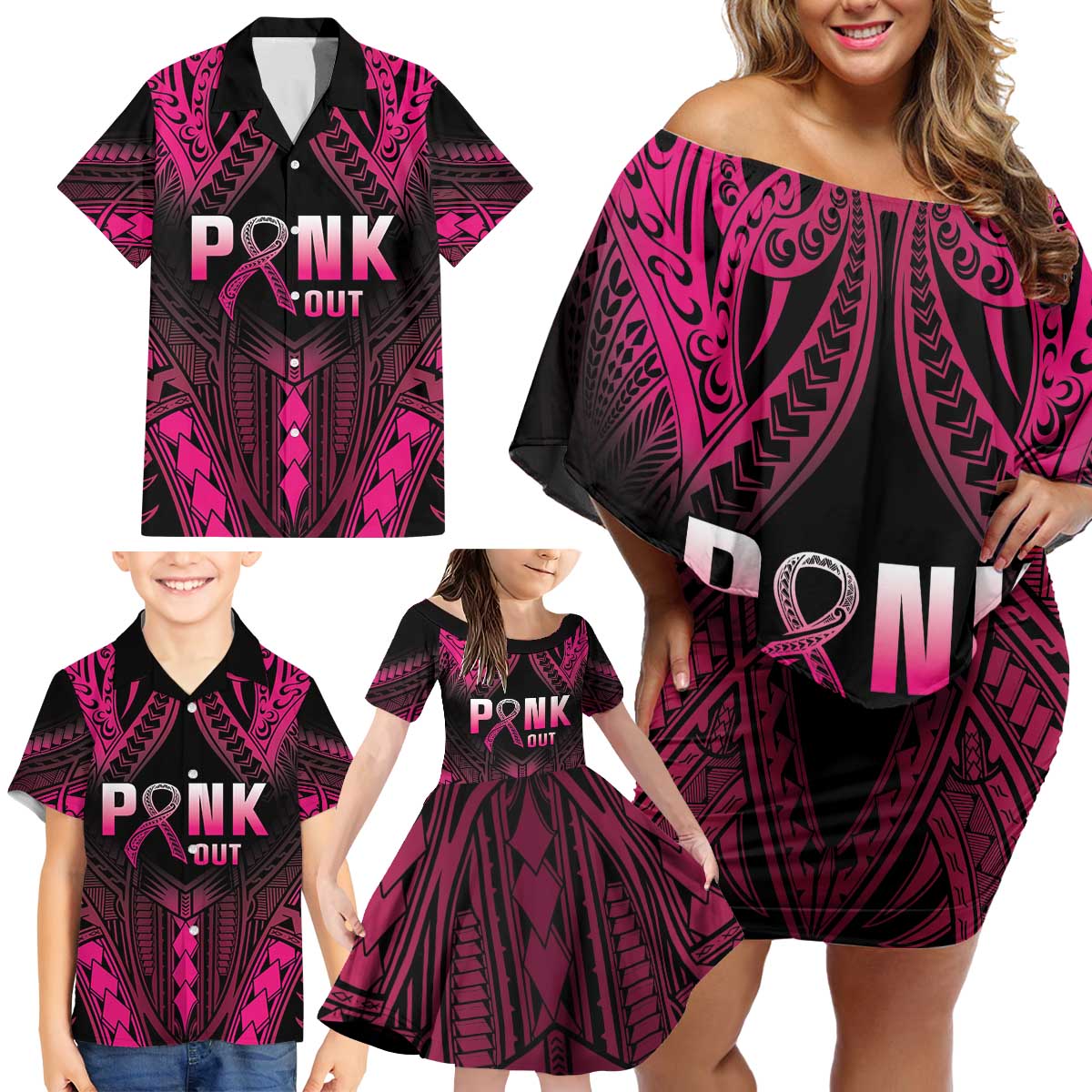 Breast Cancer Pink Out Family Matching Off Shoulder Short Dress and Hawaiian Shirt Polynesian Art Tattoo Black Version LT05 - Polynesian Pride