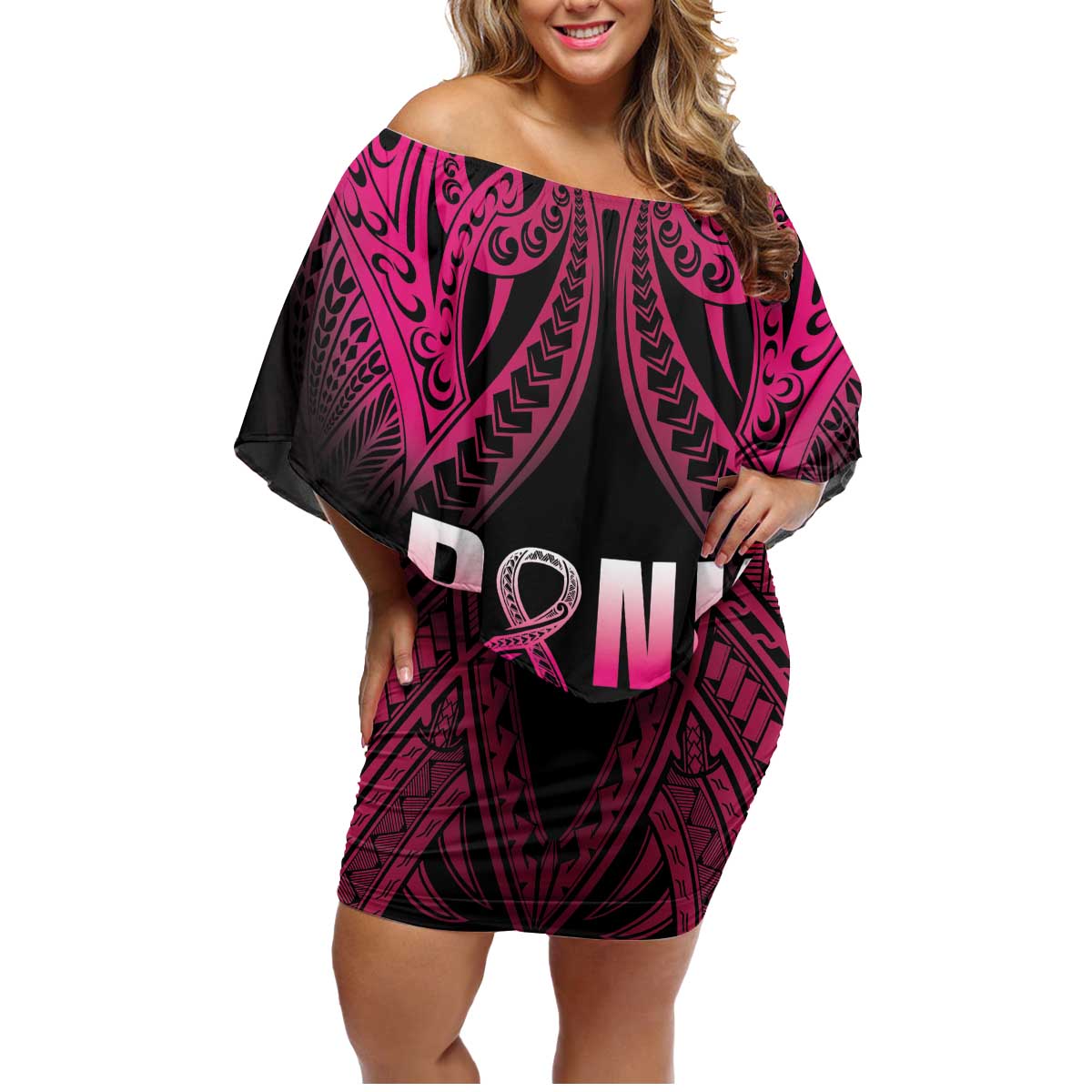 Breast Cancer Pink Out Family Matching Off Shoulder Short Dress and Hawaiian Shirt Polynesian Art Tattoo Black Version