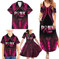 Breast Cancer Pink Out Family Matching Summer Maxi Dress and Hawaiian Shirt Polynesian Art Tattoo Black Version