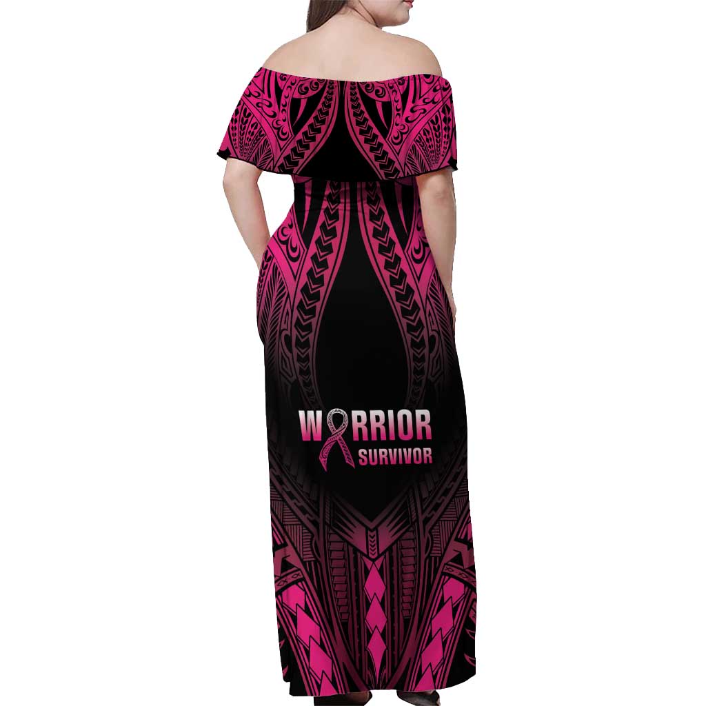 Breast Cancer Pink Out Off Shoulder Maxi Dress Polynesian Art Tattoo Black Version