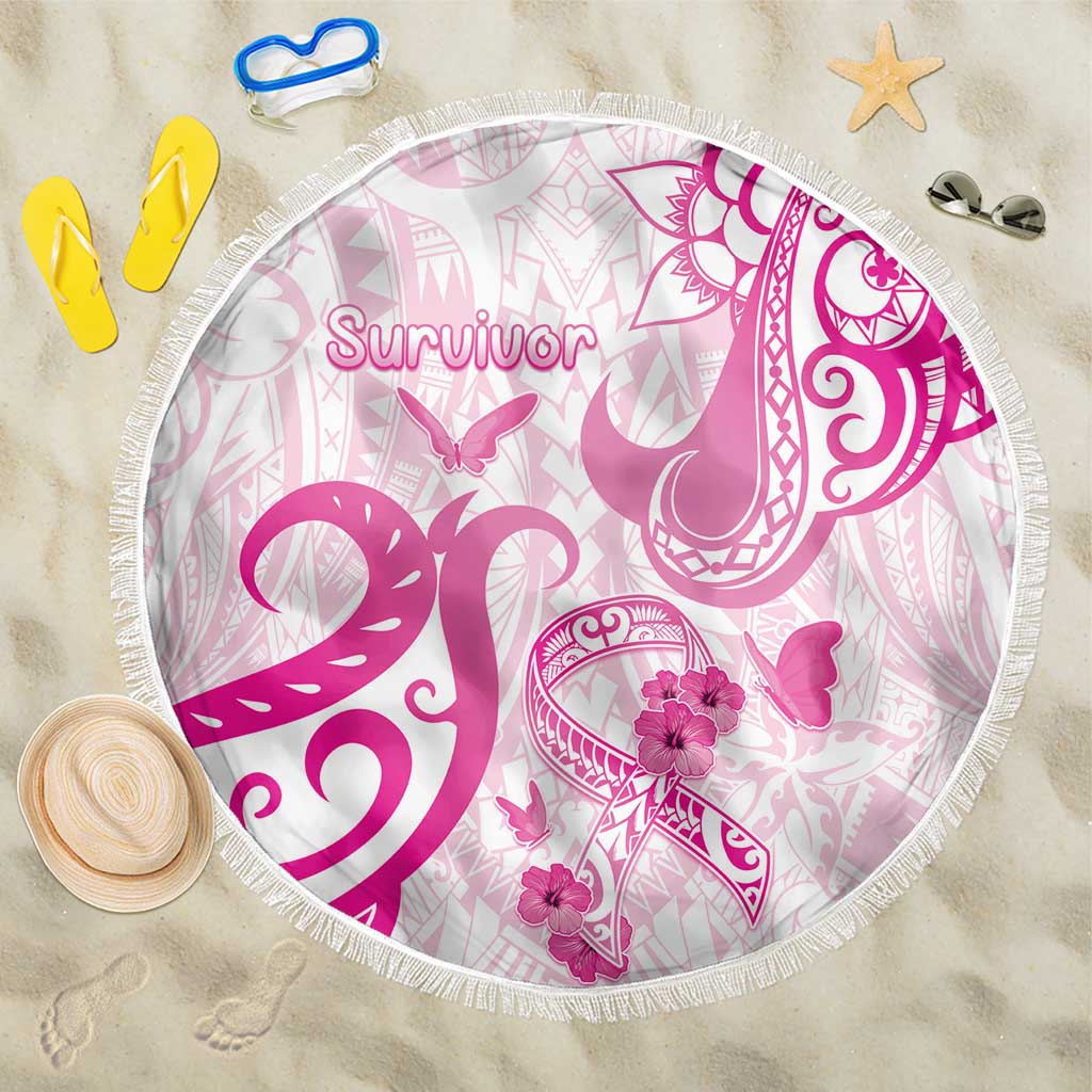 Breast Cancer Awareness Beach Blanket Ribbon Polynesian Pattern White Version LT05 One Size 150cm White - Polynesian Pride