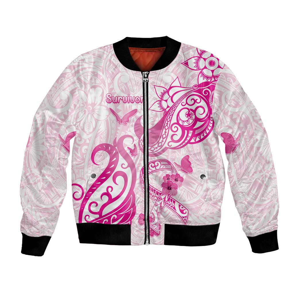 Personalised Breast Cancer Awareness Bomber Jacket Ribbon Polynesian Pattern White Version LT05 Unisex White - Polynesian Pride