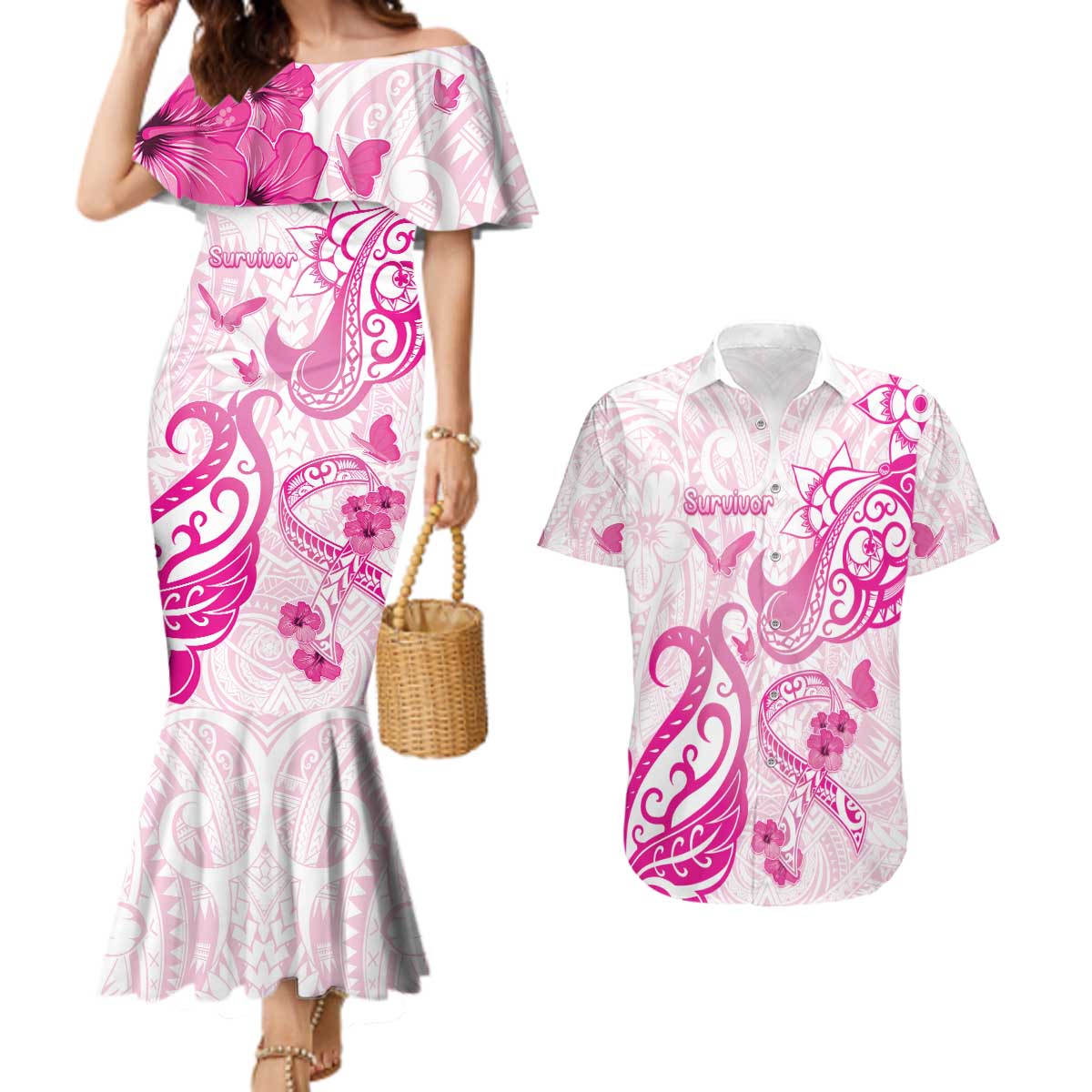Personalised Breast Cancer Awareness Couples Matching Mermaid Dress and Hawaiian Shirt Ribbon Polynesian Pattern White Version LT05 White - Polynesian Pride