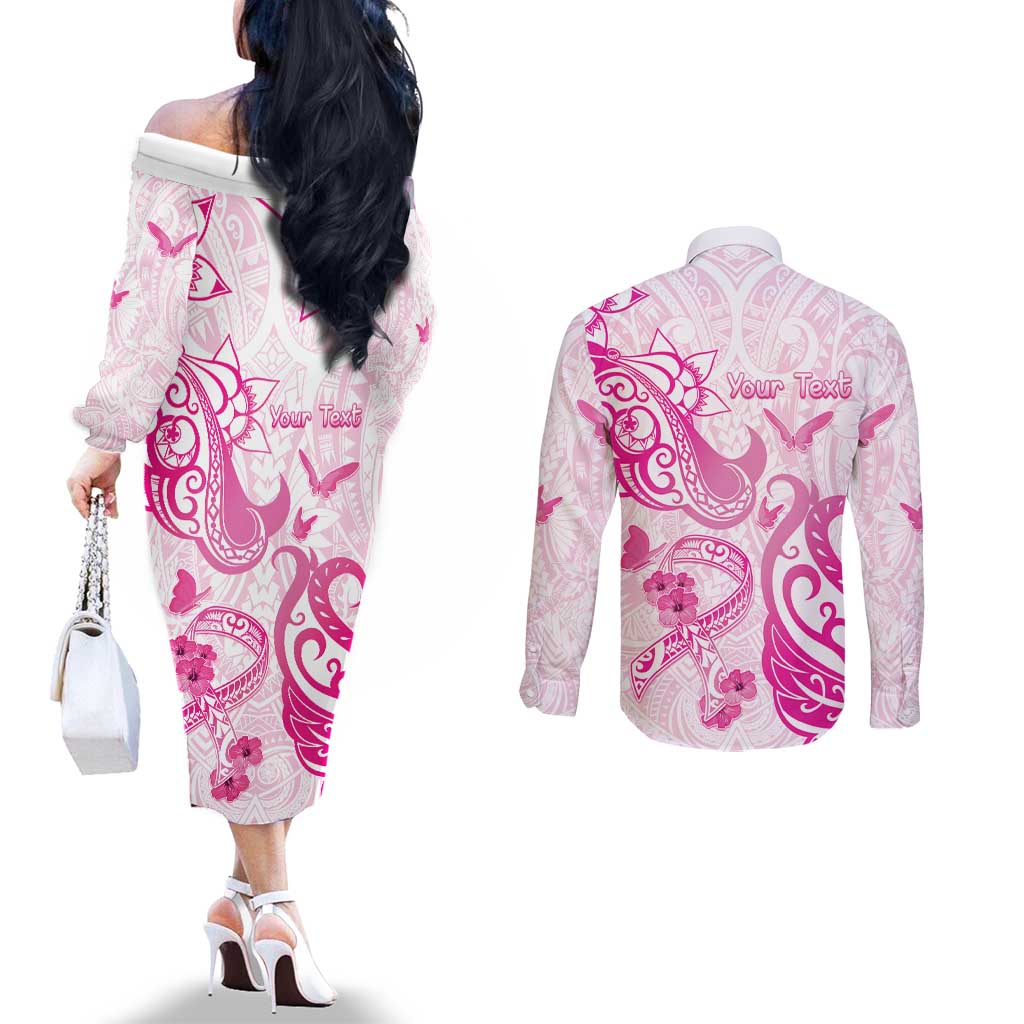 Personalised Breast Cancer Awareness Couples Matching Off The Shoulder Long Sleeve Dress and Long Sleeve Button Shirt Ribbon Polynesian Pattern White Version