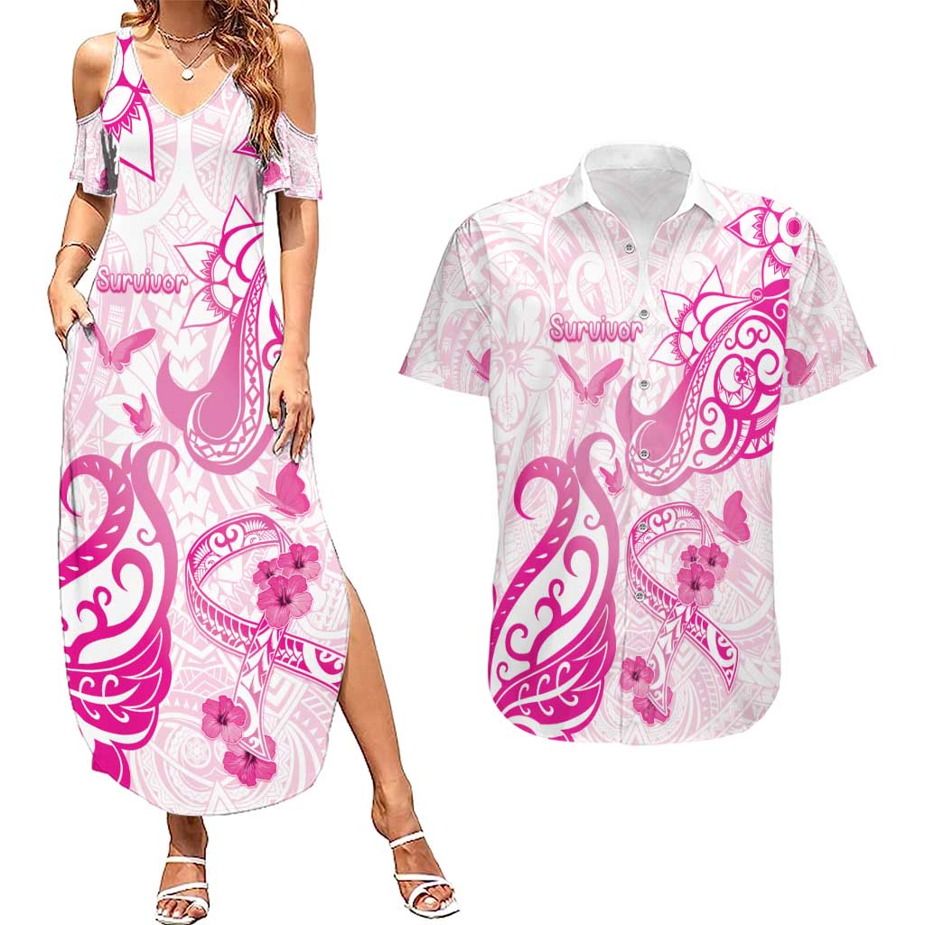 Personalised Breast Cancer Awareness Couples Matching Summer Maxi Dress and Hawaiian Shirt Ribbon Polynesian Pattern White Version LT05 White - Polynesian Pride