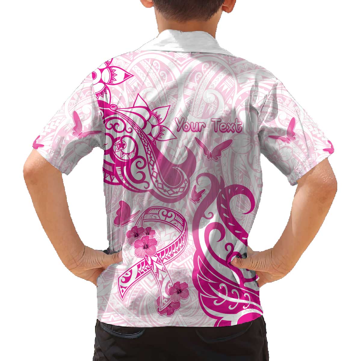 Personalised Breast Cancer Awareness Family Matching Puletasi and Hawaiian Shirt Ribbon Polynesian Pattern White Version